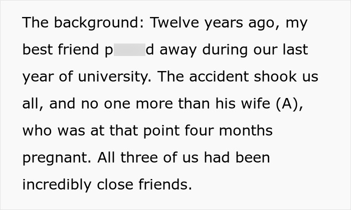 Text describing a friend who passed away and his pregnant wife