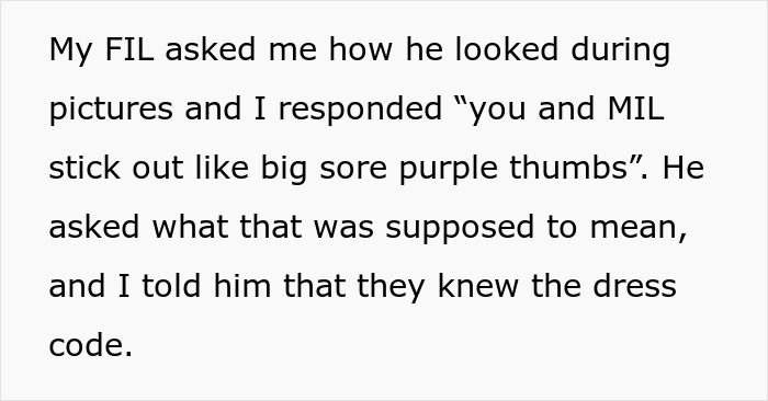 Text describing FIL commenting on how he and MIL look in wedding pictures Text describing FIL commenting on how he and MIL look in wedding pictures