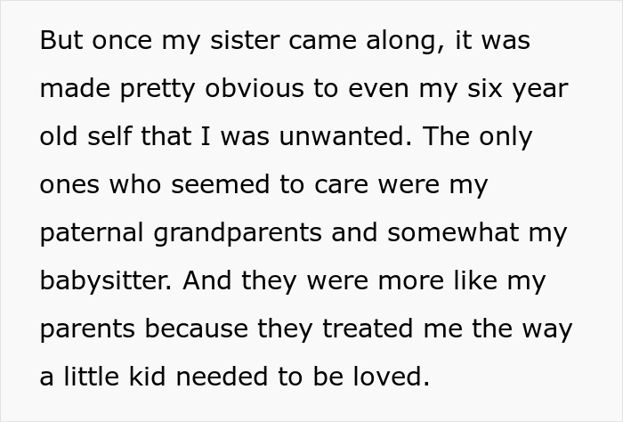 Text about feeling unwanted by parents and support from paternal grandparents and babysitter