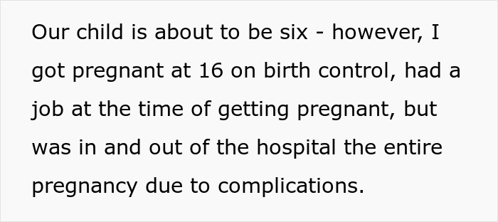 A text box detailing a SAHM's difficult pregnancy at 16, leading to complicated medical history and current debts.
