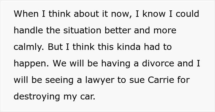 Text reflecting on divorce and legal plans to sue stepdaughter for car damage