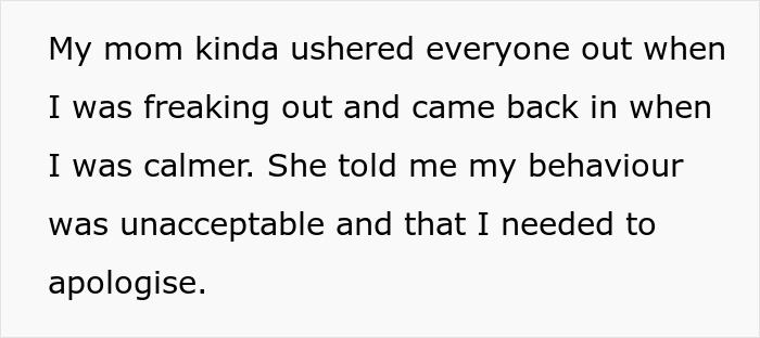 Text reads: "My mom kinda ushered everyone out when I was freaking out and came back in when I was calmer. She told me my behavior was unacceptable and that I needed to apologize." This is part of a sibling redecorates room story.