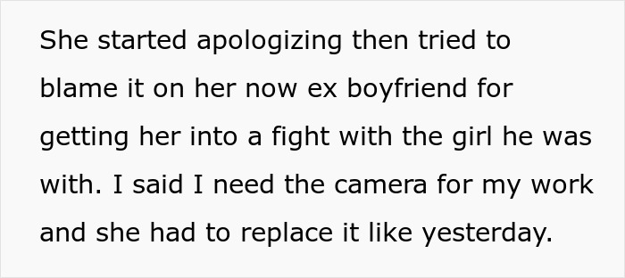 A text screenshot where a woman holds her sister-in-law accountable, demanding she replace a broken camera.