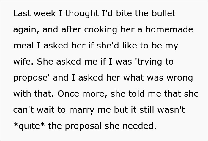 Text about cooking a homemade meal and a proposal that wasn't the right one