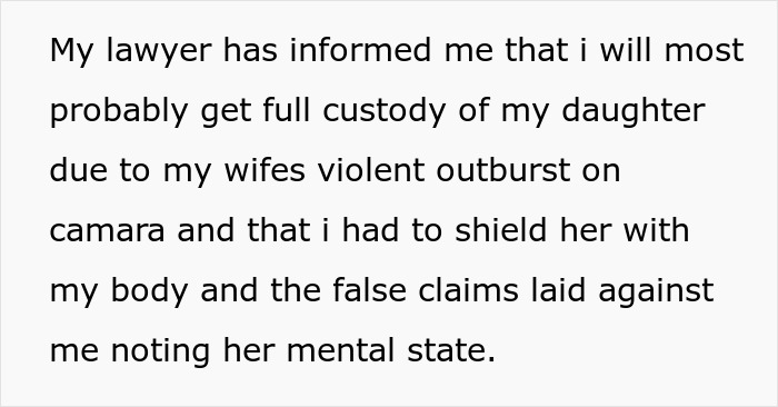 Text on a screen about a Postpartum wife's violent outburst, leading to divorce papers and child custody.