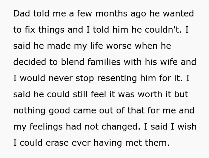 Text detailing a 20-year-old's feelings about his blended family and the destruction of his happiness.