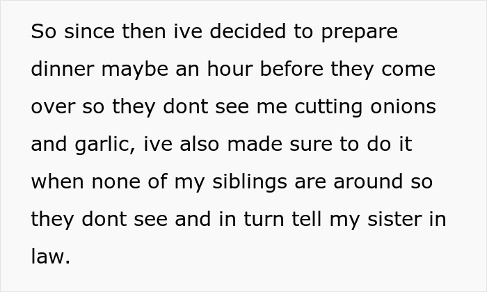 Text about preparing dinner earlier to avoid sister in law seeing onions