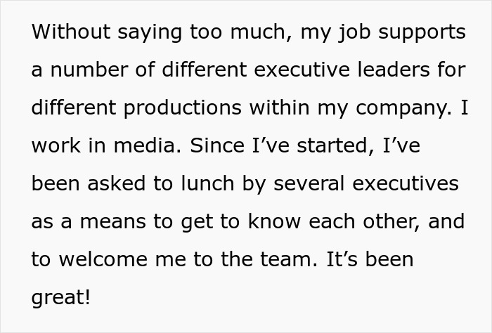 Text describing work in media, being invited to lunch by executives. The Woman Accepts Coworker's Lunch Invite thinking it's casual.