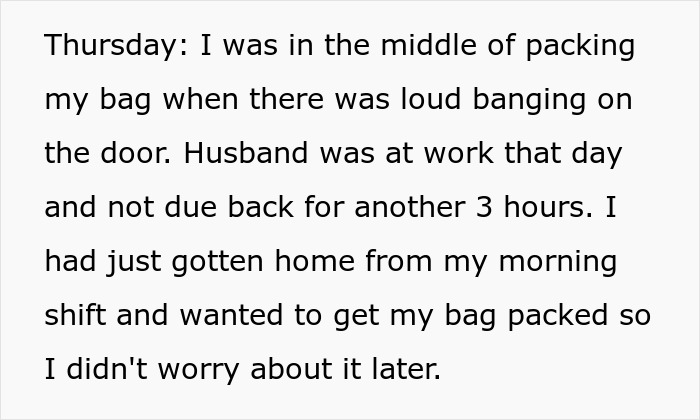 Text describes packing a bag when loud banging started, detailing a mil-broke-in-son-house scenario.