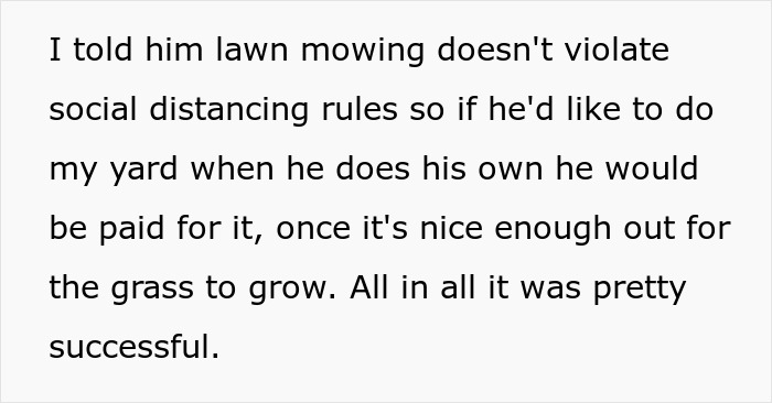Text about lawn mowing not violating social distancing and payment for yard work