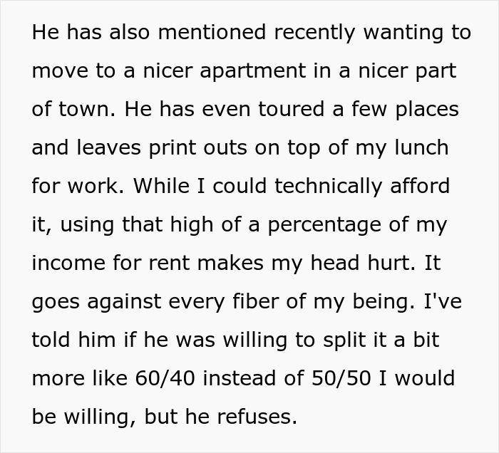 Text about boyfriend wanting a nicer apartment but refusing flexible rent split Text about boyfriend wanting a nicer apartment but refusing flexible rent split