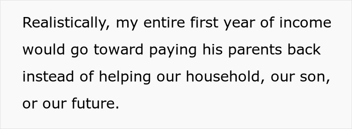 Text: My entire first year of income would go toward paying his parents back. A SAHM is aghast about debts.
