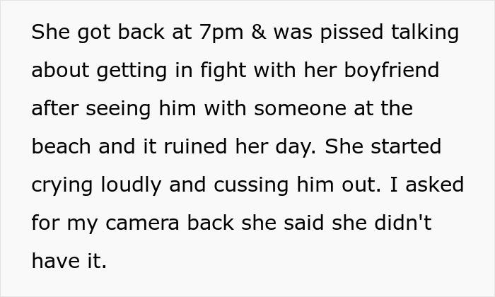 A screenshot of a story about an irresponsible sister-in-law, where she comes home crying after a fight and denies having a camera.