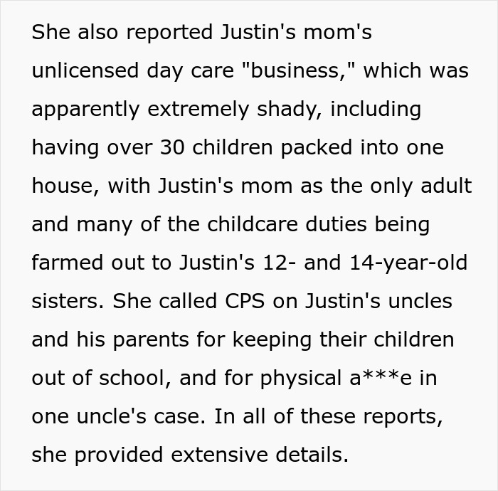 Text describing unlicensed daycare and child neglect in a restrictive family community