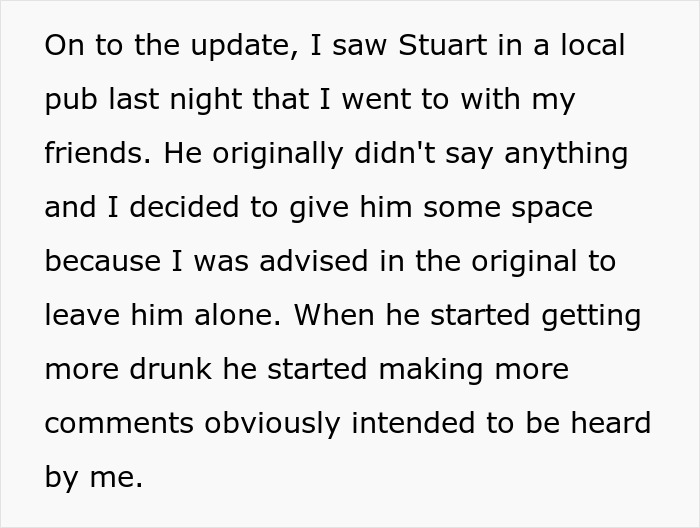 Text describing a pub encounter involving comments related to bullying