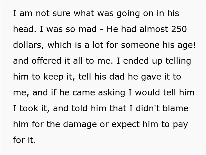 Text describing anger over money offered after fence damage