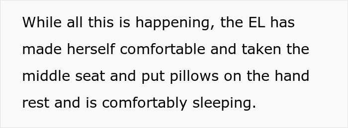 A screenshot of text describing a person comfortably sleeping with pillows on an armrest, while a pilot intervenes during a situation.