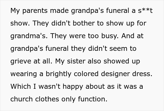 Text describing parents' poor behavior at grandpa's funeral and family conflict