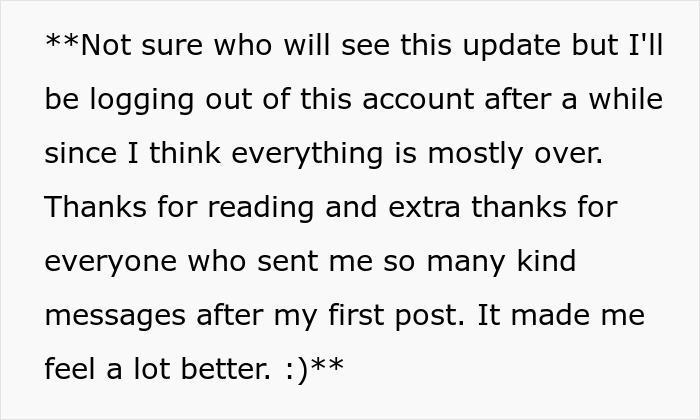 Text about logging out after family feud mostly resolved and thanking readers