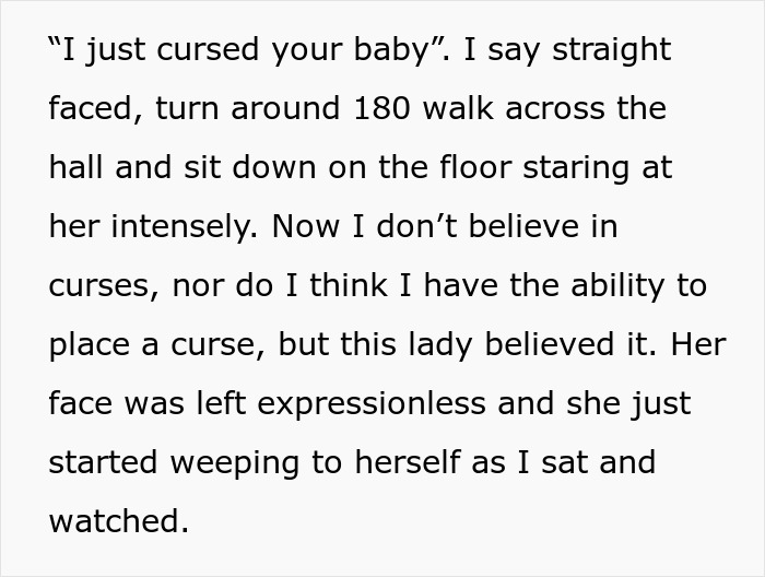 Text about cursing pregnant woman's baby and her emotional reaction