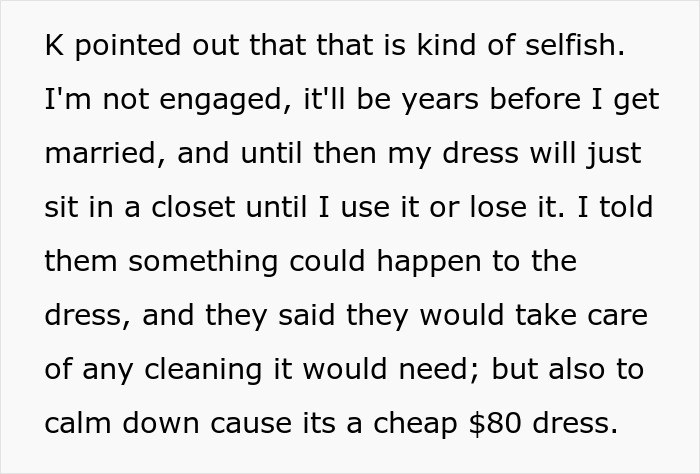 Text excerpt discussing refusal to lend dream wedding dress and concerns about damage Text excerpt discussing refusal to lend dream wedding dress and concerns about damage