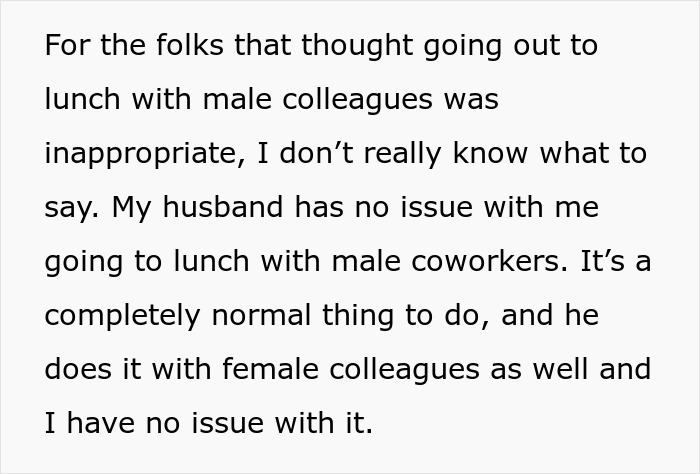 Text from a screen: "Woman accepts coworker lunch invite, husband ok with her male coworkers, not a date."
