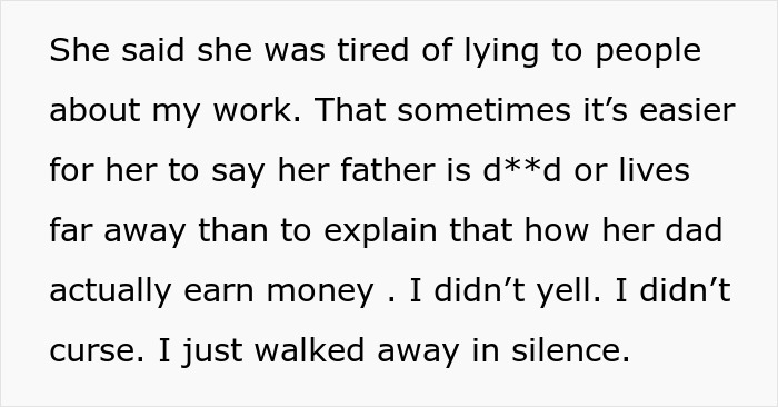 Text snippet describes a daughter's shame over her dad's work, mirroring the family driver story.