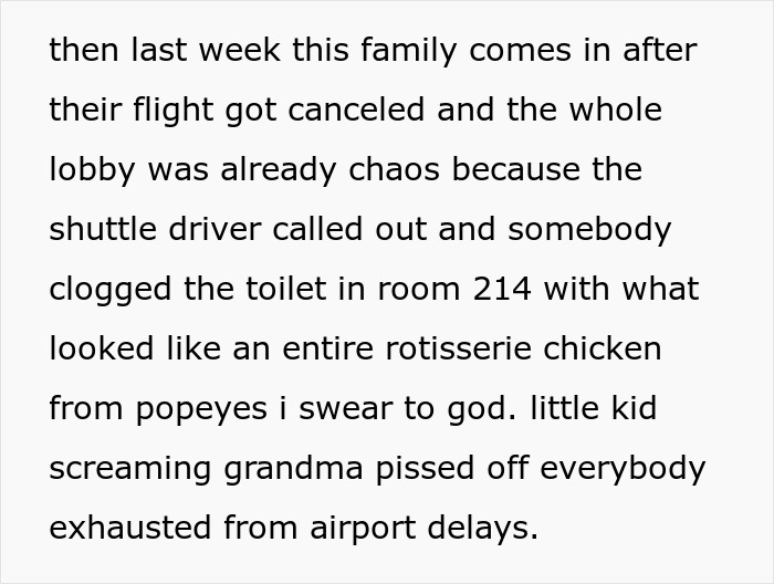 Text describing chaotic hotel situation after flight cancellation Text describing chaotic hotel situation after flight cancellation