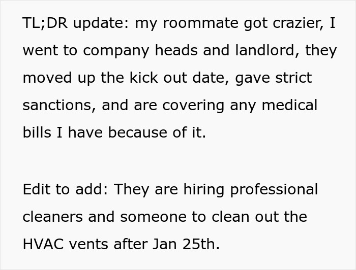 Text describing a positive outcome after a roommate put someone's life at risk. The person learned to defend herself.