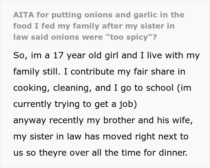 Text excerpt about sister in law saying onions are too spicy for cooking