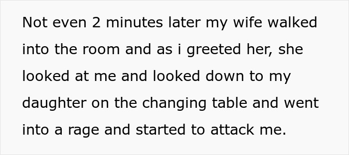A snippet of text describing a postpartum wife attacking her hubby after seeing him with their daughter.