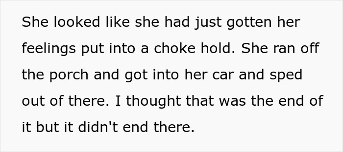 A screenshot of text describing a woman's emotional reaction, a relatable mil broke in son house scenario.