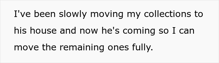 Text from a sibling detailing moving collections to a brother's house, hinting at a surprise room redecorate.