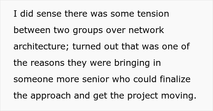 Text describing tension over network architecture and senior hire Text describing tension over network architecture and senior hire