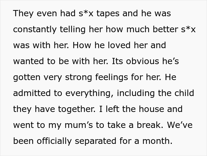 Text describing cheating husband's feelings and family separation details