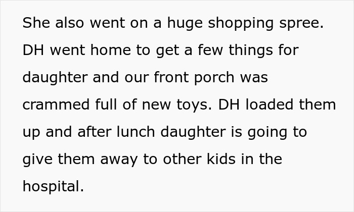 Text from a MIL story, detailing DH bringing home many toys. The daughter will give them to other kids in the hospital, related to allergies.