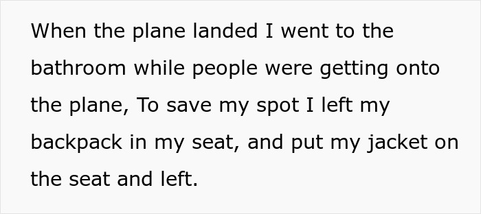 Text excerpt detailing a bathroom break and saving a plane seat with belongings