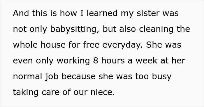 Screenshot of text revealing sister's unpaid babysitting and house cleaning