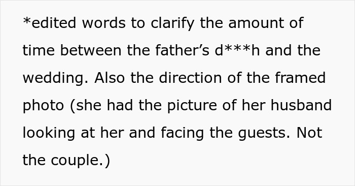 Clarifying time between father's d***h and wedding shown