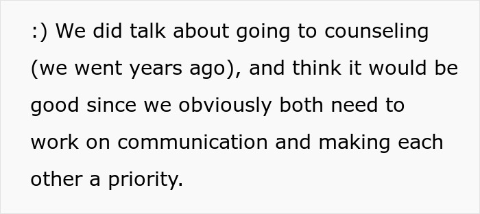 Text snippet about couples counseling for communication and priority issues, related to a man's interest in his wife's job.