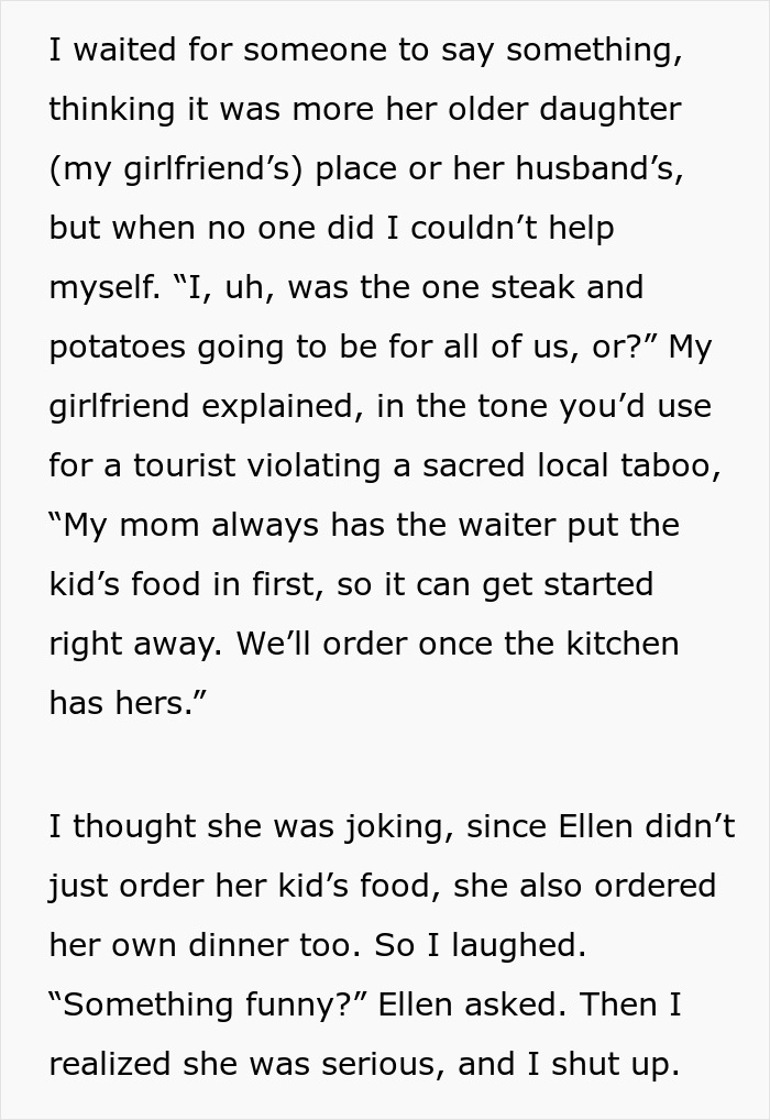 Man questions fiancée's mom about ordering steak and potatoes for restaurant dinner Man questions fiancée's mom about ordering steak and potatoes for restaurant dinner