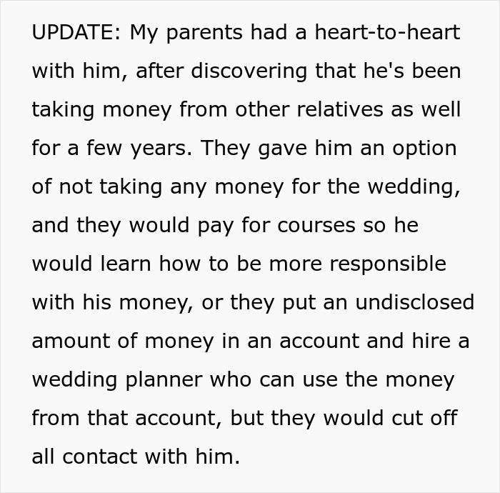 Text update about a brother's wedding money issues, offering choices for financial responsibility or a wedding planner.