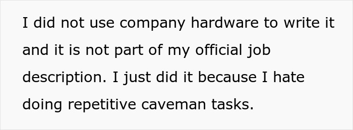 Text about engineer using personal time and not company hardware for automation