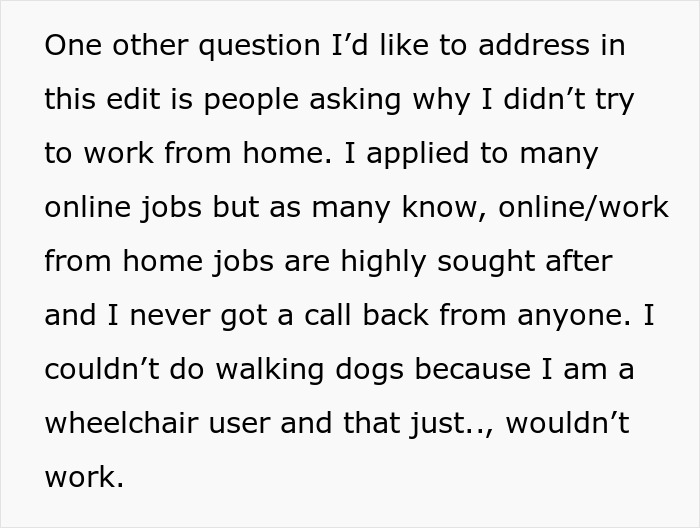 A SAHM explains challenges of finding work as a wheelchair user, facing harassment for debts.
