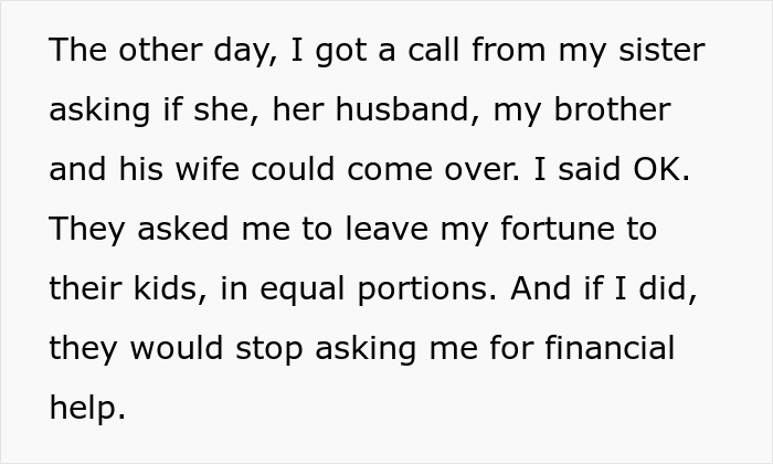 Sister and family ask rich daughter to leave fortune to their kids in equal portions Sister and family ask rich daughter to leave fortune to their kids in equal portions