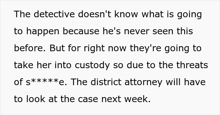 Text describing a detective taking someone into custody for threats, a possible legal consequence of a "test" on allergies.