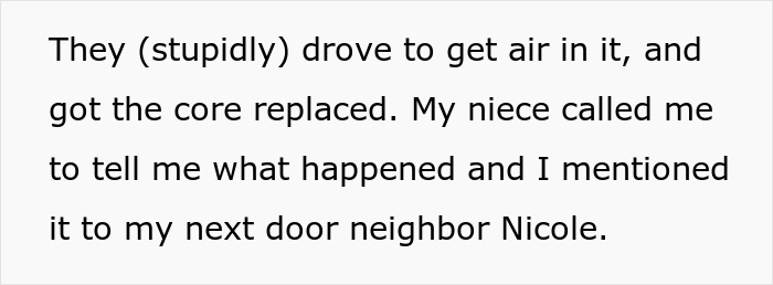 Niece replaces valve core after flat tire, informs next door neighbor Nicole