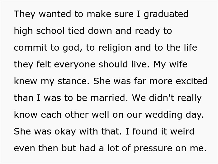 Text describing pressure to marry and lack of deep connection on wedding day