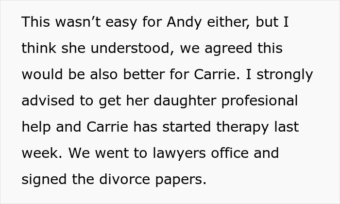 Text about starting therapy and signing divorce papers after stepdaughter's car damage