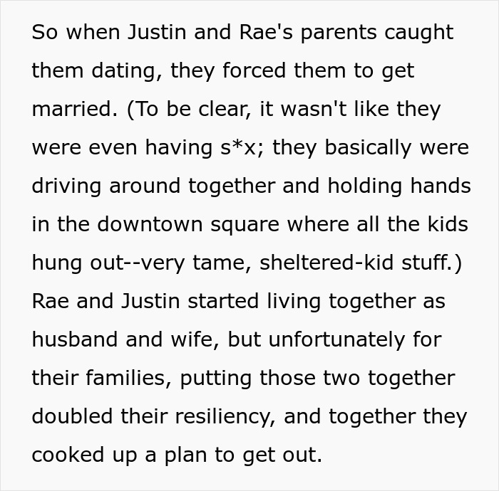 Text about forced marriage after restrictive community discovers dating